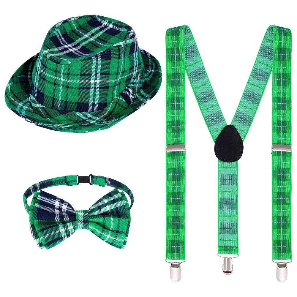 2921 3Pcs St. Patrick's Day Hat Bow Tie and Suspenders Set Adult Green